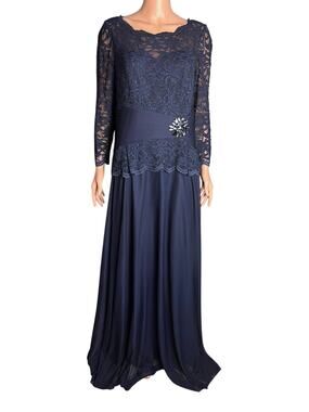 Cachet Maxi Dress 14 Navy Lace Jeweled Formal Evening Gown Mother of Bride NWT